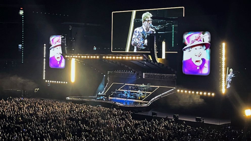 Elton John performs Thursday, Sept. 8, 2022 in Toronto. Elton John paid tribute to Queen Elizabeth II at his final concert in Toronto, on Thursday night saying she inspired him and is sad she is gone. “She led the country through some of our greatest