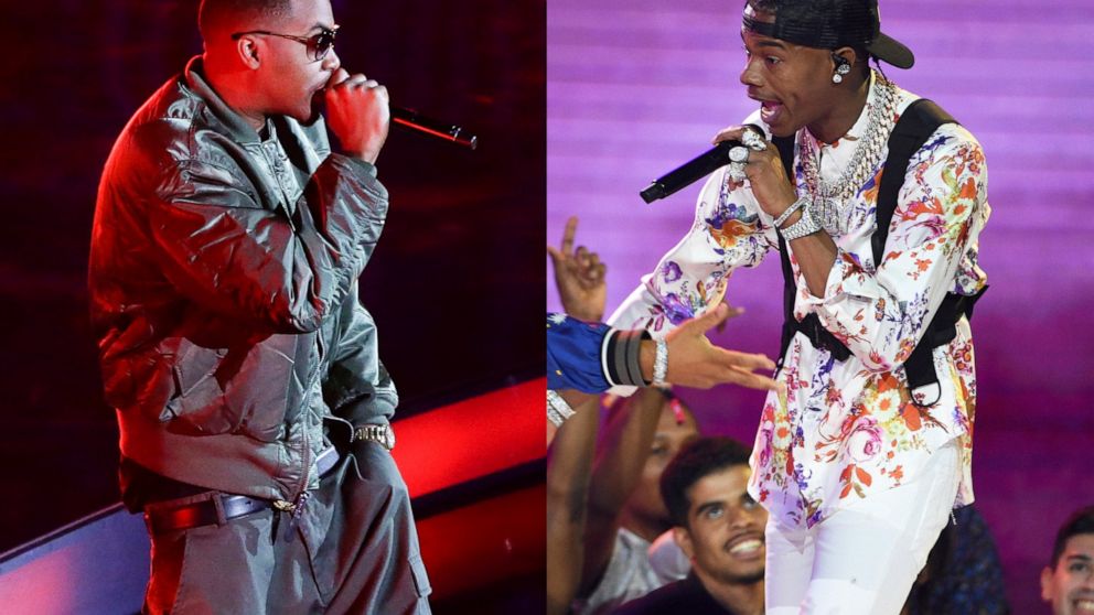 Hip Hop artist Nas performs before the NBA All-Star basketball game in New York on Feb. 15, 2015, left, and Lil Baby performs at the BET Awards in Los Angeles on June 23, 2019. Lil Baby has blazed the Billboard charts, but Grammy voters gave the youn