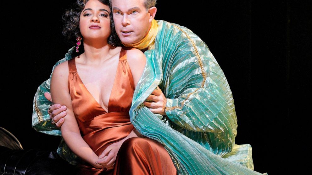 Soprano Amina Edris, left, and bass-baritone Gerald Finley as the title characters in an early rehearsal of John Adams' "Antony and Cleopatra," premiering Sept. 10 at the San Francisco Opera. (Cory Weaver/San Francisco Opera via AP)