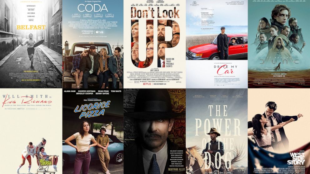 This combination of photos shows promotional art for the films nominated for an Oscar for best picture, top row from left, "Belfast," "CODA," Don't Look Up," Drive My Car," Dune," bottom row from left, "King Richard," Licorice Pizza," "Nightmare Alle