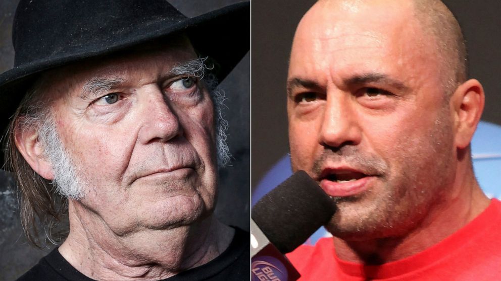 This combination photo shows Neil Young in Calabasas, Calif., on May 18, 2016, left, and UFC announcer and podcaster Joe Rogan before a UFC on FOX 5 event in Seattle on Dec. 7, 2012. Young fired off a public missive to his management on Monday, Jan. 