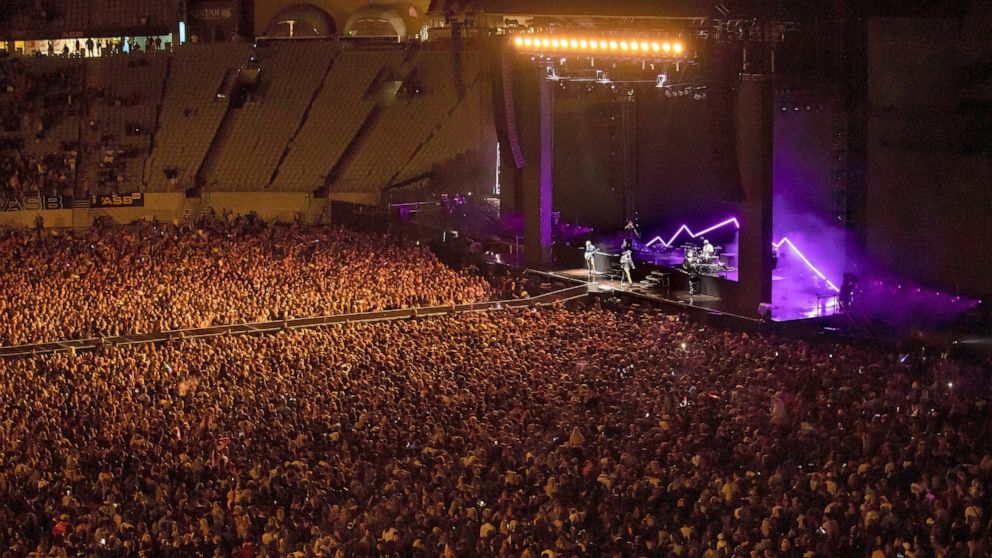 New Zealand band Six60 perform at Eden Park in Auckland, New Zealand, Saturday, April 24, 2021. Six60 is being billed as the biggest live act in the world since the coronavirus pandemic struck after New Zealand stamped out the spread of the virus, al