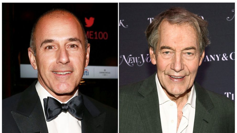 This combination photo shows Matt Lauer, former co-host of the "Today" show, left, and Charlie Rose, former co-host of "CBS This Morning." A year after morning news shows at NBC and CBS abruptly lost male anchors Lauer and Rose in sexual misconduct s
