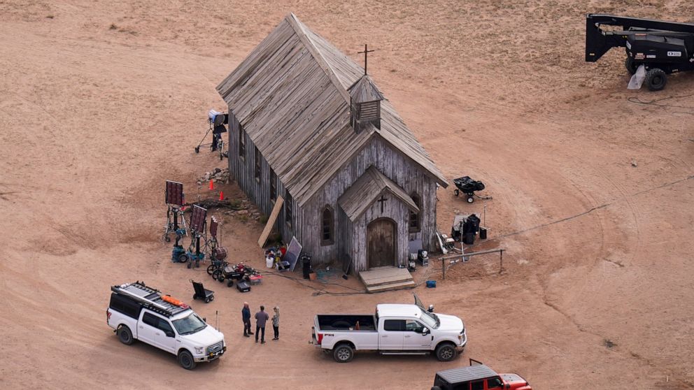 FILE - This aerial photo shows the Bonanza Creek Ranch in Santa Fe, N.M., on Saturday, Oct. 23, 2021. The person in charge of weapons on the movie set at the ranch where actor Alec Baldwin fatally shot cinematographer Halyna Hutchins said Wednesday n