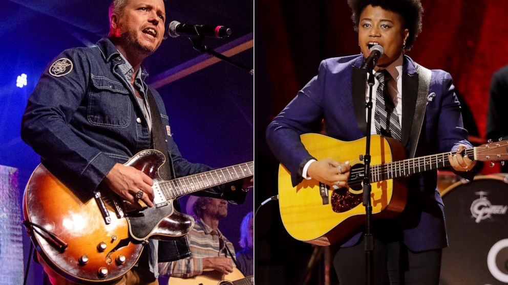 Jason Isbell performs at the To Nashville, With Love Benefit Concert in Nashville, Tenn. on March 9, 2020, left, and Amythyst Kiah of Our Native Daughters performs during the Americana Honors & Awards show in Nashville, Tenn. on Sept. 11, 2019. Singe