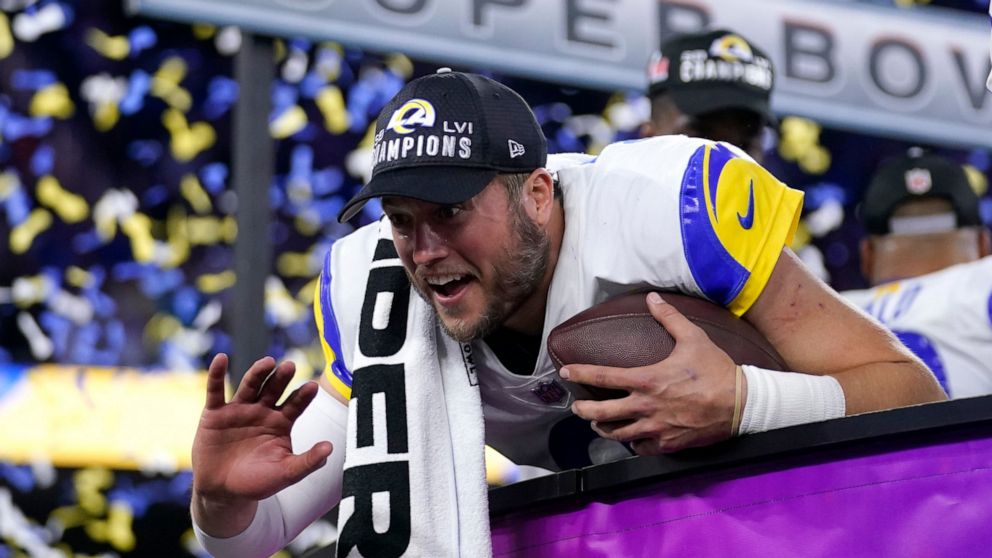 Los Angeles Rams quarterback Matthew Stafford celebrates after the Rams defeated the Cincinnati Bengals in the NFL Super Bowl 56 football game Sunday, Feb. 13, 2022, in Inglewood, Calif. (AP Photo/Marcio Jose Sanchez)