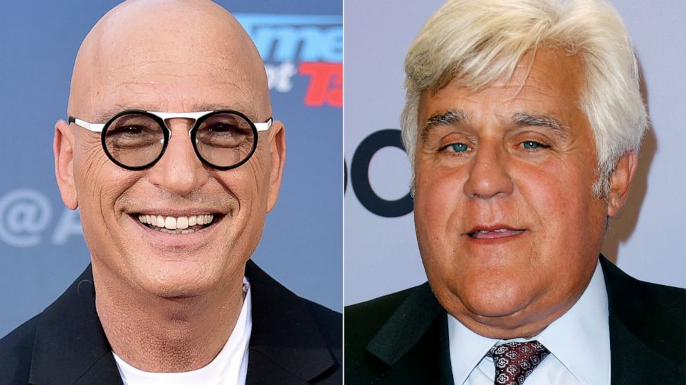 Howie Mandel attends "America's Got Talent" season 15 red carpet in Pasadena, Calif., on March 4, 2020, left, and Jay Leno appears at the "The Carol Burnett 50th Anniversary Special" in Los Angeles on Oct. 4, 2017. Mandel interviewed Leno for his pod
