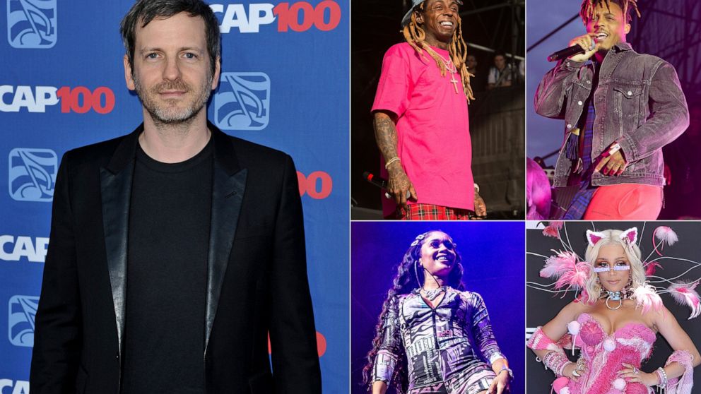 This combination photo shows, clockwise from left, music producer Dr. Luke, and performers, Lil Wayne, Juice WRLD, Doja Cat and Saweetie. Dr. Luke, who has been entangled in a bitter lawsuit with former collaborator Kesha since 2014, has produced and