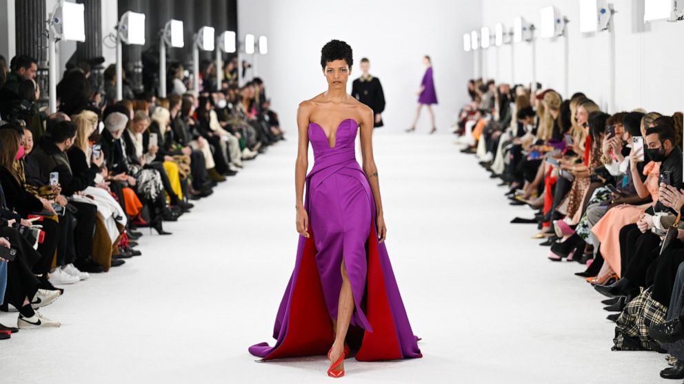 A model walks the runway during the Carolina Herrera Fall/Winter 2022 collection during New York Fashion Week on Monday, Feb. 14, 2022, in New York. (Photo by Evan Agostini/Invision/AP)