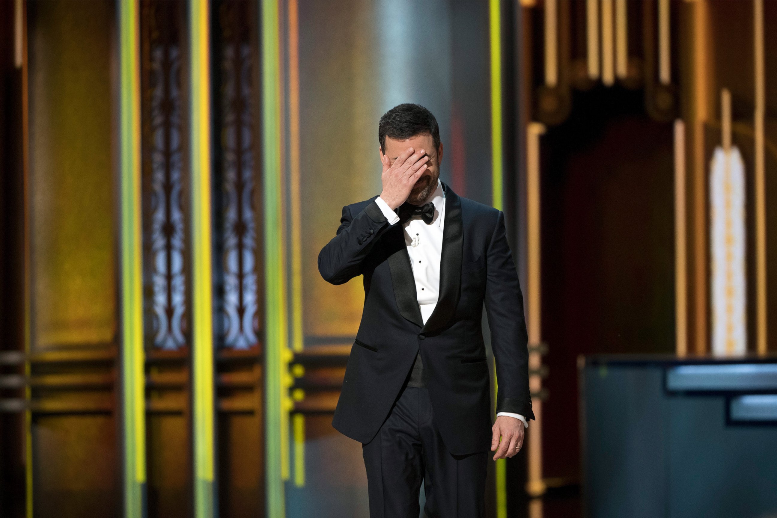 PHOTO: Host Jimmy Kimmel reacts to the news that the wrong movie had been announced as winner of the Best Picture award during the 89th Annual Academy Awards, Feb. 26, 2017, in Los Angeles.