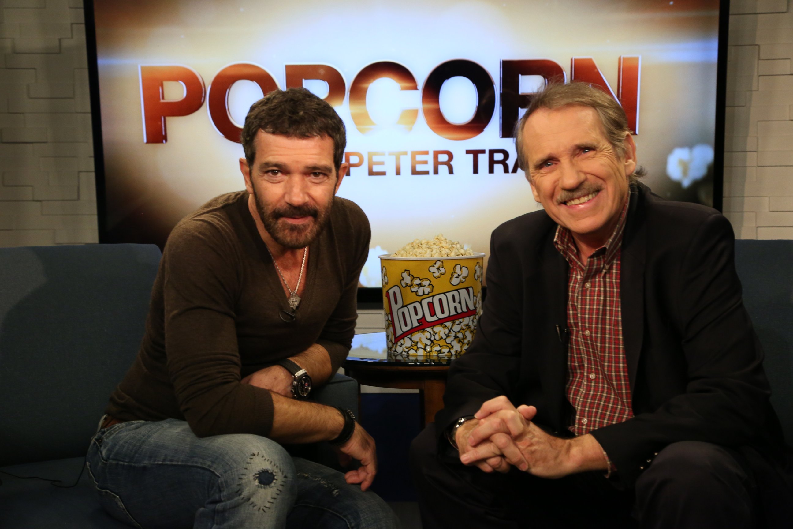 PHOTO: Antonio Banderas and Peter Travers on the set of 'Popcorn with Peter Travers' 