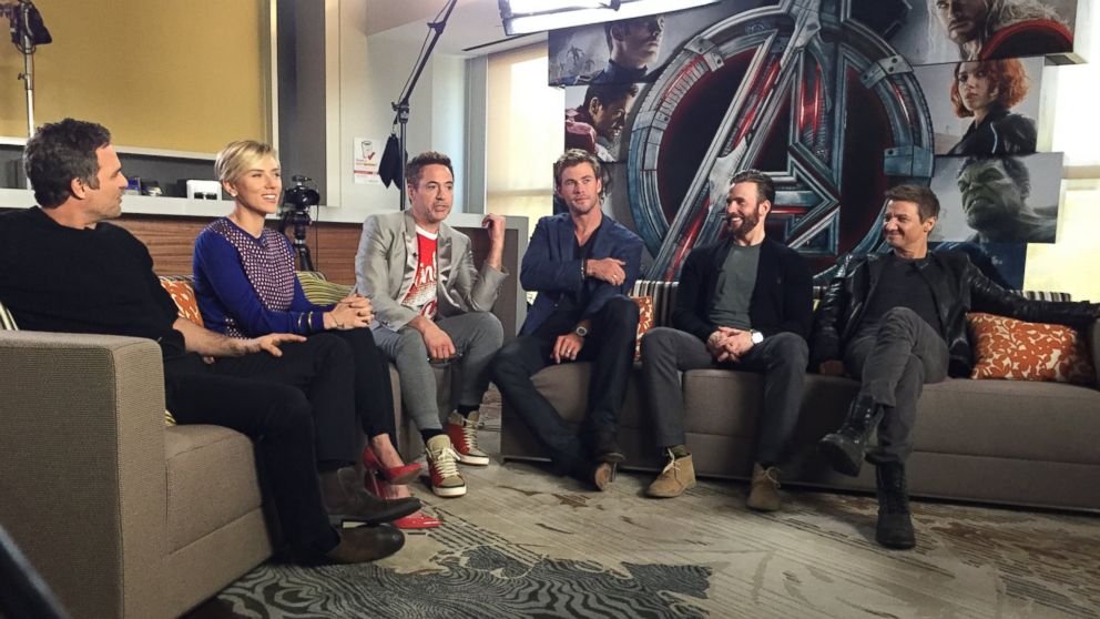 From left to right, "Avengers: Age of Ultron" castmembers Mark Ruffalo, Scarlett Johansson, Robert Downey, Jr., Chris Hemsworth, Chris Evans and Jeremy Renner sat down for an interview with "Nightline."