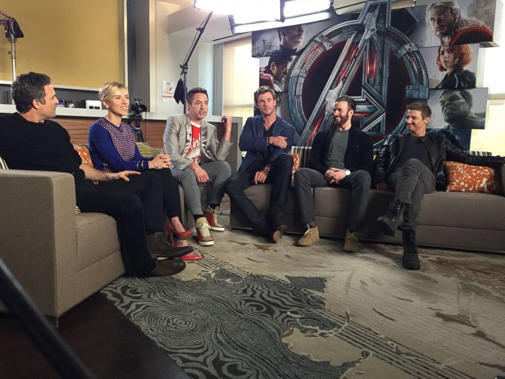 From left to right, "Avengers: Age of Ultron" castmembers Mark Ruffalo, Scarlett Johansson, Robert Downey, Jr., Chris Hemsworth, Chris Evans and Jeremy Renner sat down for an interview with "Nightline."