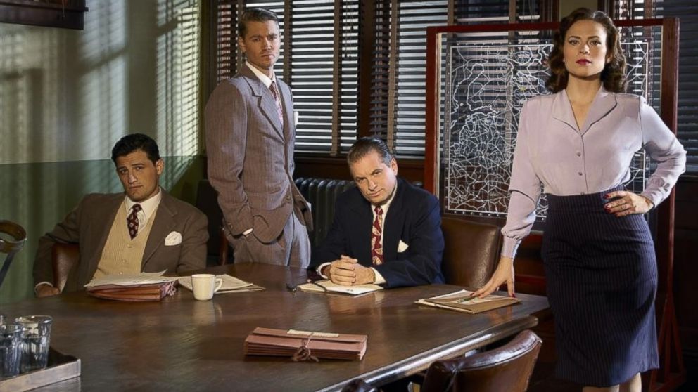 ABC's "Marvel's Agent Carter" stars Enver Gjokaj as Agent Daniel Sousa, Chad Michael Murray as Agent Jack Thompson, Shea Whigham as Chief Roger Dooley and Hayley Atwell as Agent Peggy Carter.