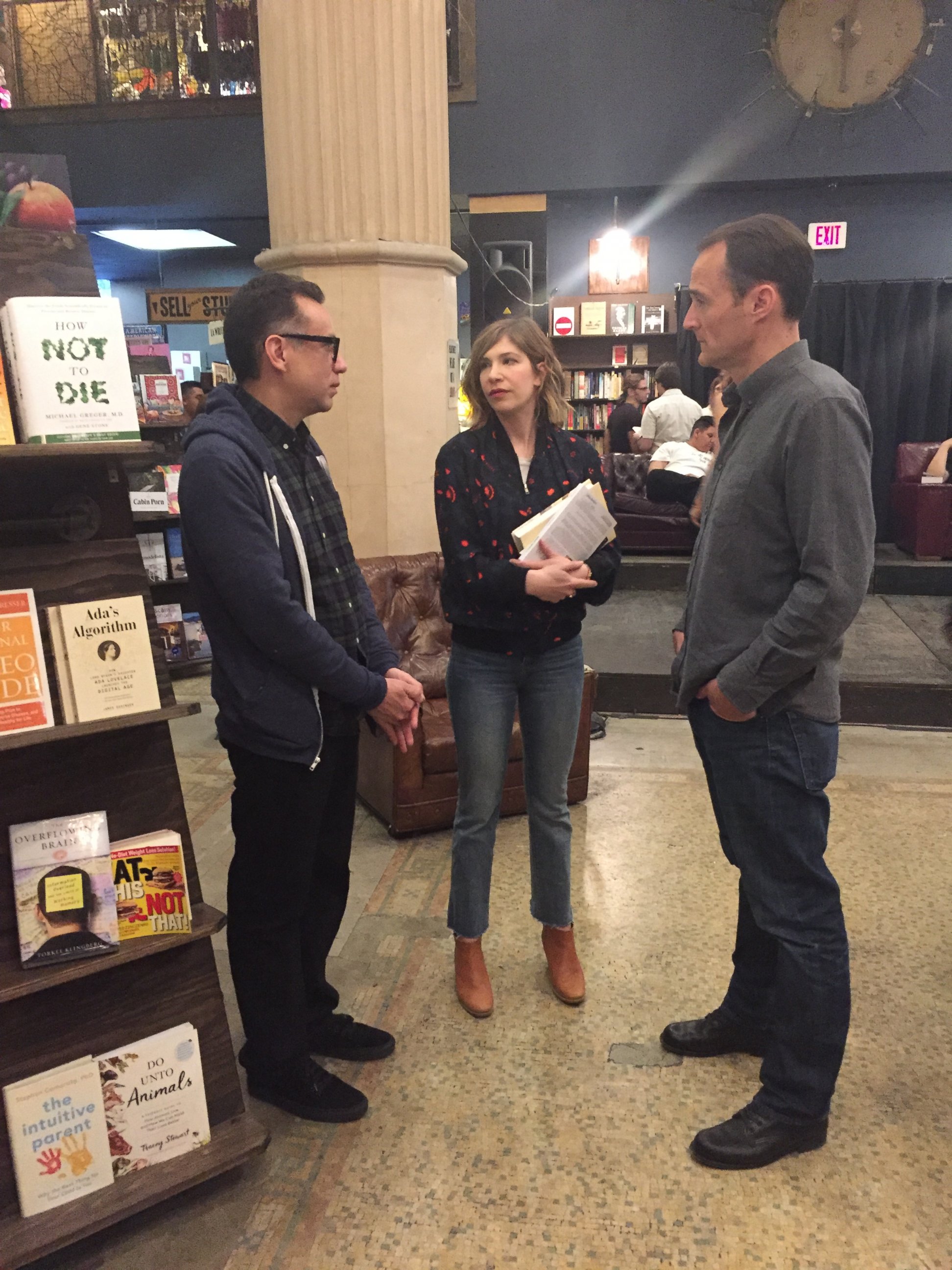 Fred Armisen (left) and Carrie Brownstein (center) talk with ABC News' Nick Watt (right) during an interview for "Nightline."