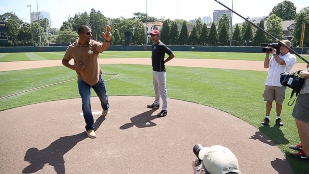 PHOTO: Rinku Singh, left, one of the subjects of "Million Dollar Arm," is played by "Life of Pi's" Suraj Sharmal, right. Shown here, Singh offers Sharmal some pitching tips.
