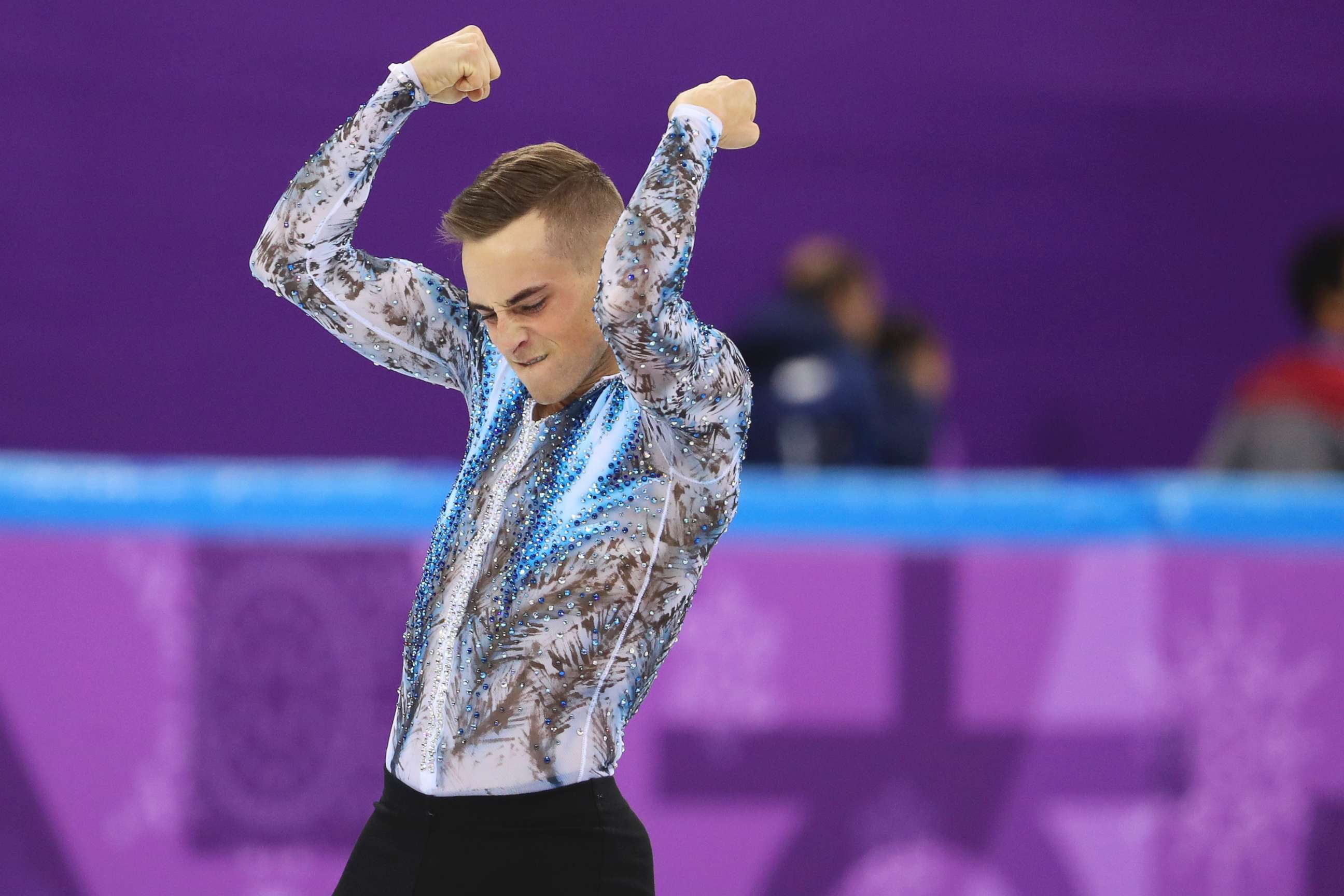 PHOTO: Adam Rippon of the U.S. reacts during his men's singles free skate as part of the team figure skating competition of the 2018 Winter Olympics, Feb. 12, 2018. 