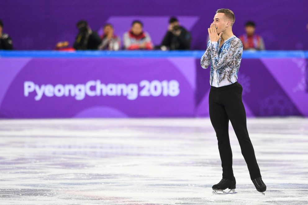 PHOTO: Adam Rippon reacts after finishing his routine in the figure skating team event men's single skating free skating at the 2018 Winter Olympic Games, Feb. 12, 2018.