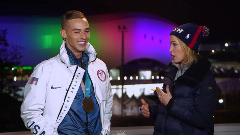 PHOTO: U.S. Olympic figure skater Adam Rippon speaks to ABC News' Amy Robach about his third-place finish at the 2018 Winter Olympics.