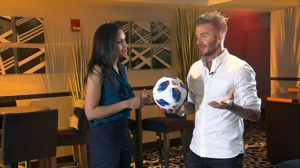 PHOTO: ABC News' Adrienne Bankert interviews David Beckham about his launch of a Major League Soccer team in Miami.