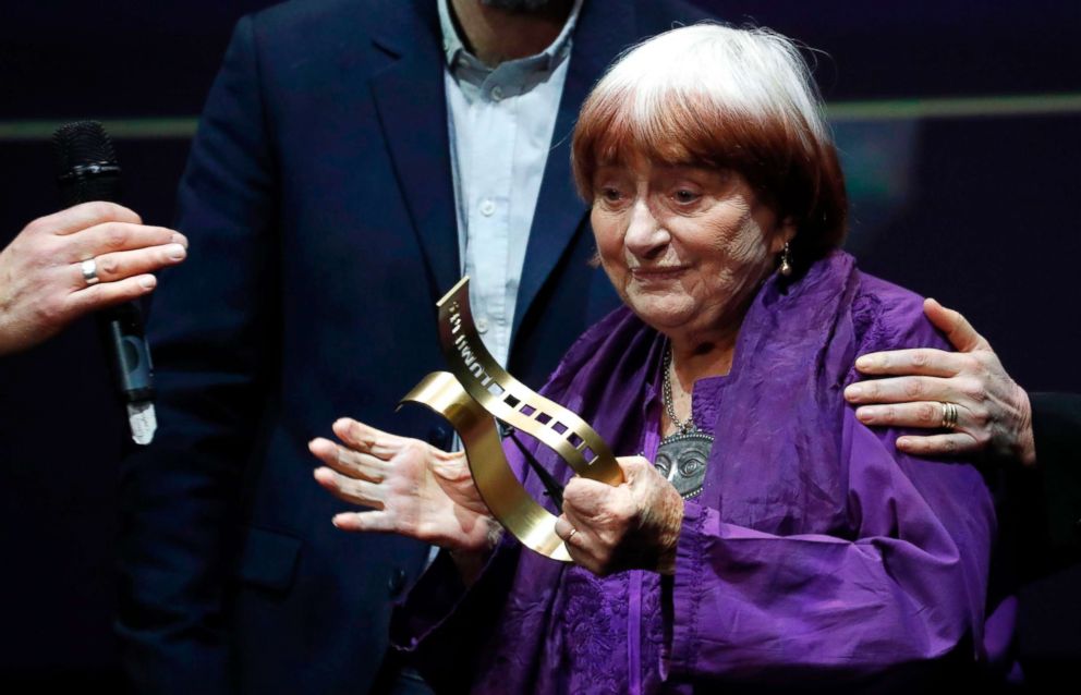 PHOTO: French film director Agnes Varda receives an award while attending the 23rd Lumieres Awards ceremony at the Institut du Monde Arabe in Paris, Feb. 5, 2018. 