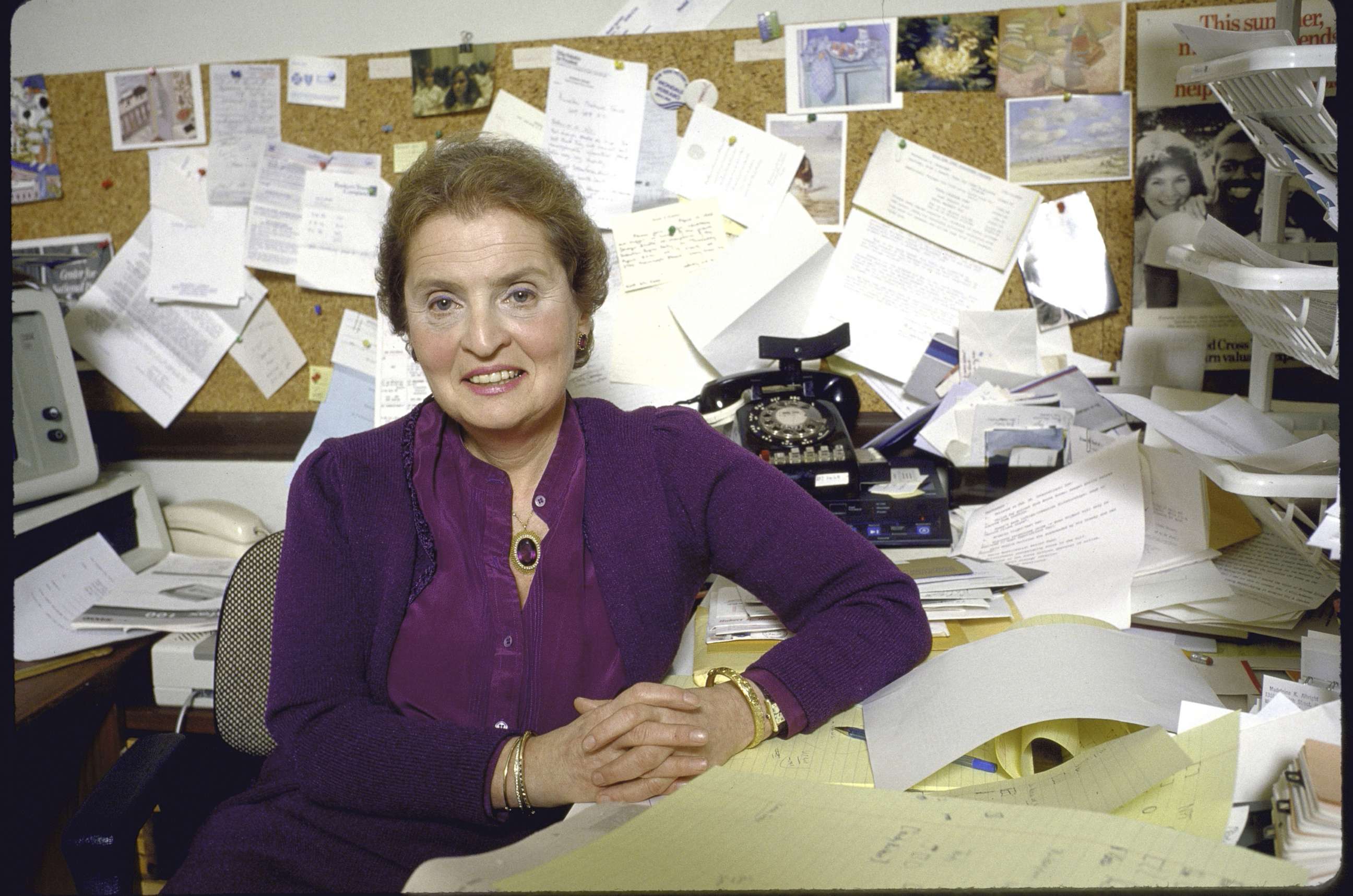 PHOTO: Georgetown Univiversity professor Madeleine Albright, foreign policy adviser to presidential candidate Michael Dukakis, in her office. 