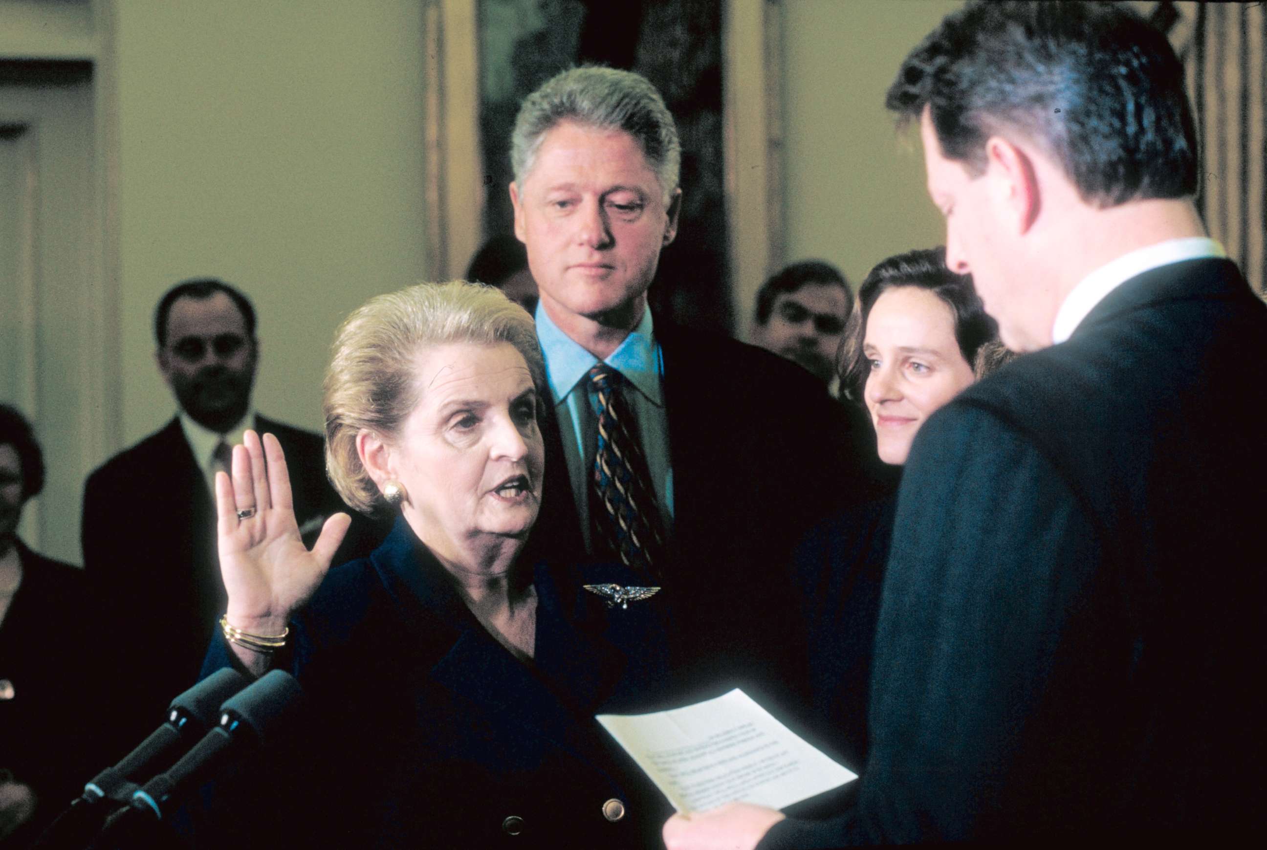 PHOTO: Madeleine Albright is sworn-in by Vice President Al Gore (R) as the first woman to be Secretary of State, at the White House, Jan. 24, 1997.