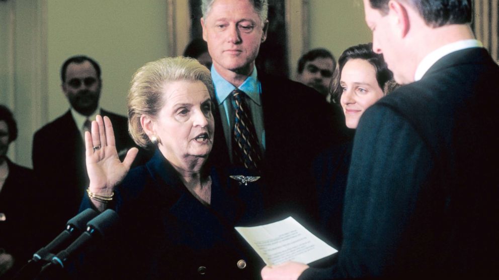 PHOTO: Madeleine Albright is sworn-in by Vice President Al Gore (R) as the first woman to be Secretary of State, at the White House, Jan. 24, 1997.