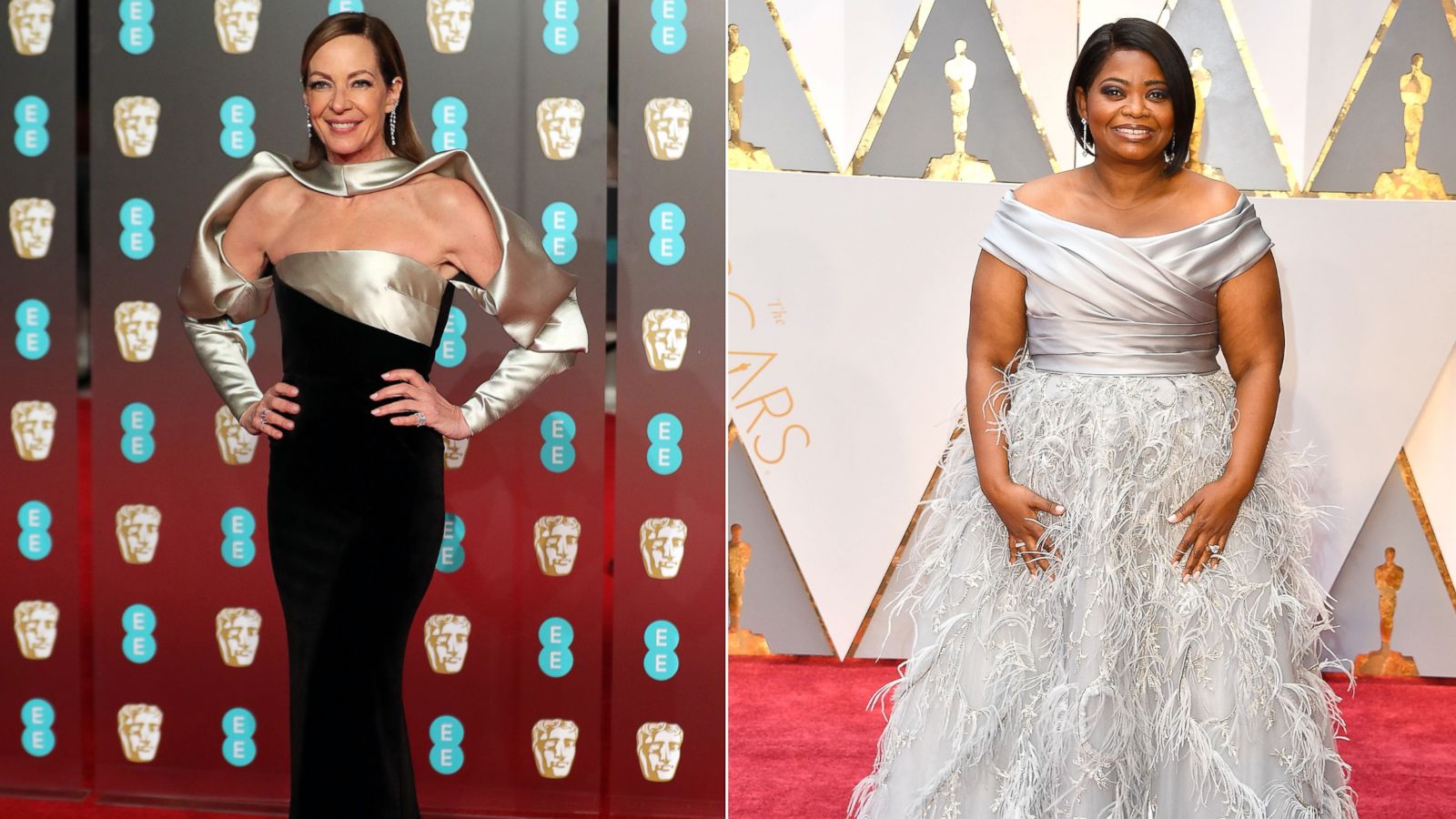 PHOTO: Allison Janney poses at the British Academy Film Awards at the Royal Albert Hall in London, Feb. 18, 2018 and Octavia Spencer arrives at the 89th Annual Academy Awards Feb. 26, 2017 in Hollywood.