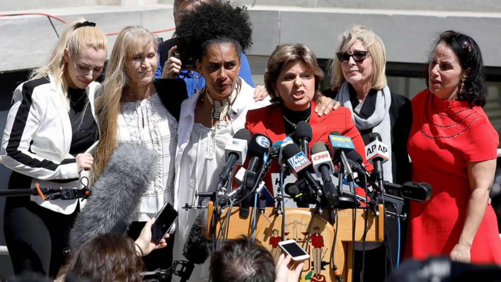 PHOTO: Attorney Gloria Allred stands with accusers of actor and comedian Bill Cosby after a jury convicted him in a sexual assault retrial at the Montgomery County Courthouse in Norristown, Pa., April 26, 2018.