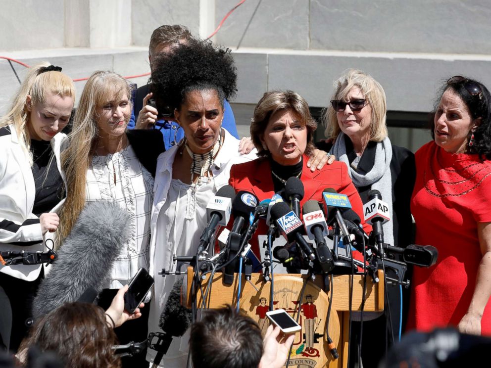 PHOTO: Attorney Gloria Allred stands with accusers of actor and comedian Bill Cosby after a jury convicted him in a sexual assault retrial at the Montgomery County Courthouse in Norristown, Pa., April 26, 2018.