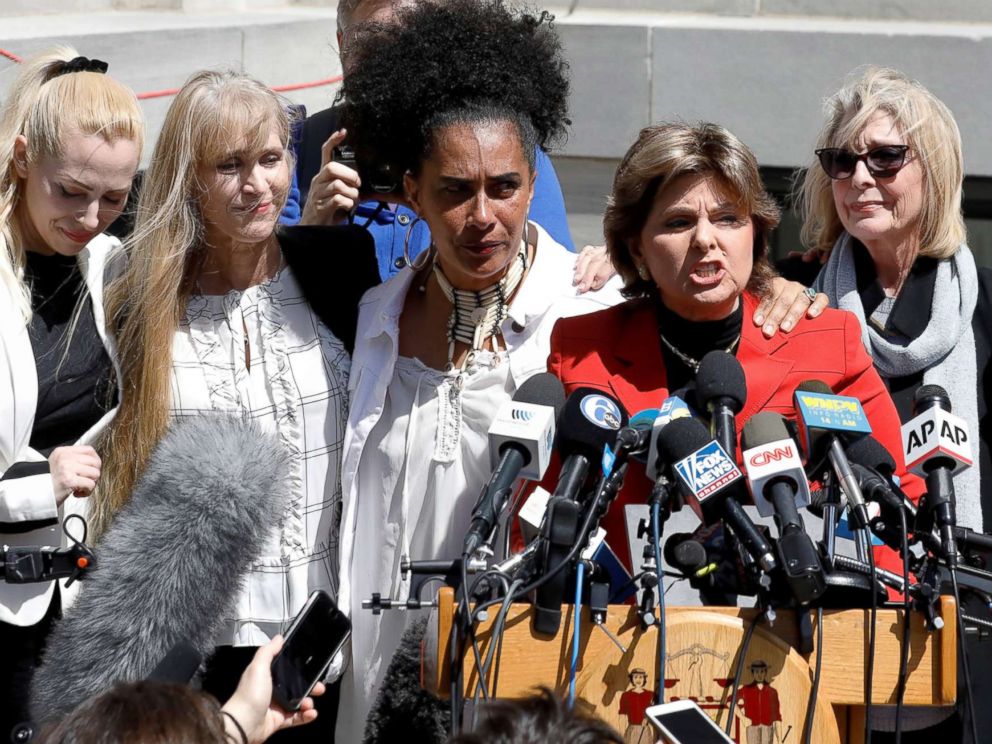 PHOTO: Attorney Gloria Allred stands with accusers of actor and comedian Bill Cosby after a jury convicted him in a sexual assault retrial at the Montgomery County Courthouse in Norristown, Pa., April 26, 2018.