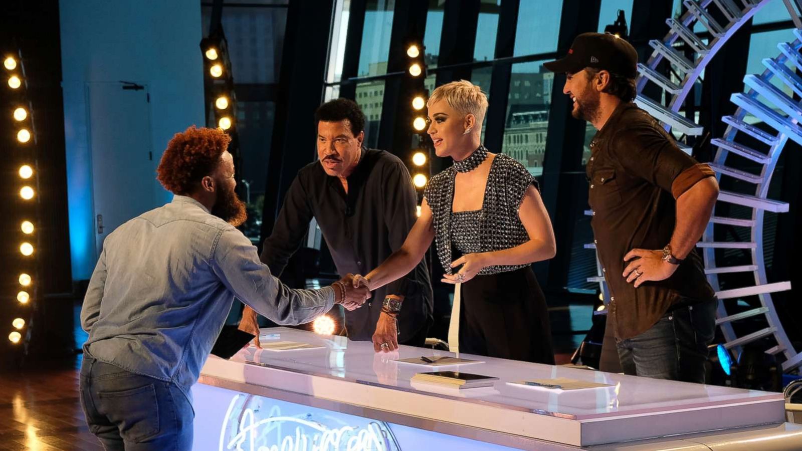 PHOTO: Judges Lionel Richie, Katy Perry and Luke Bryan greet Dominique of Birmingham, Ala., during auditions for "American Idol" in an episode that aired on March 19, 2018.