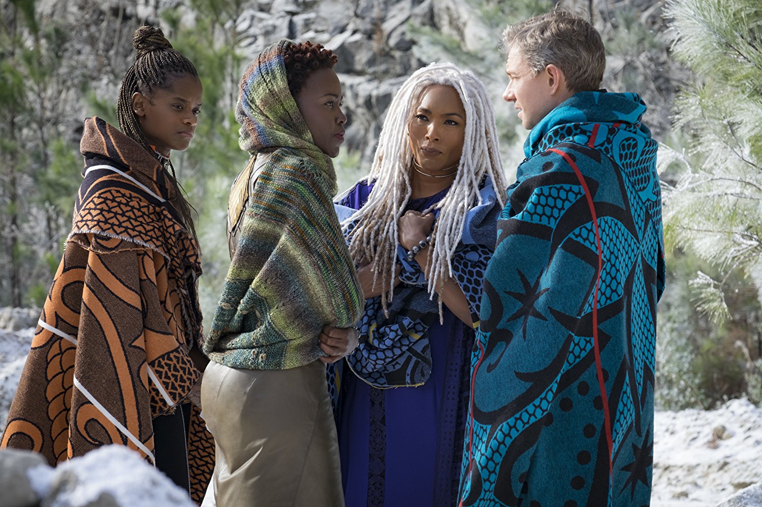 PHOTO: Angela Bassett, Martin Freeman, Lupita Nyong'o, and Letitia Wright in the movie "Black Panther," 2018.