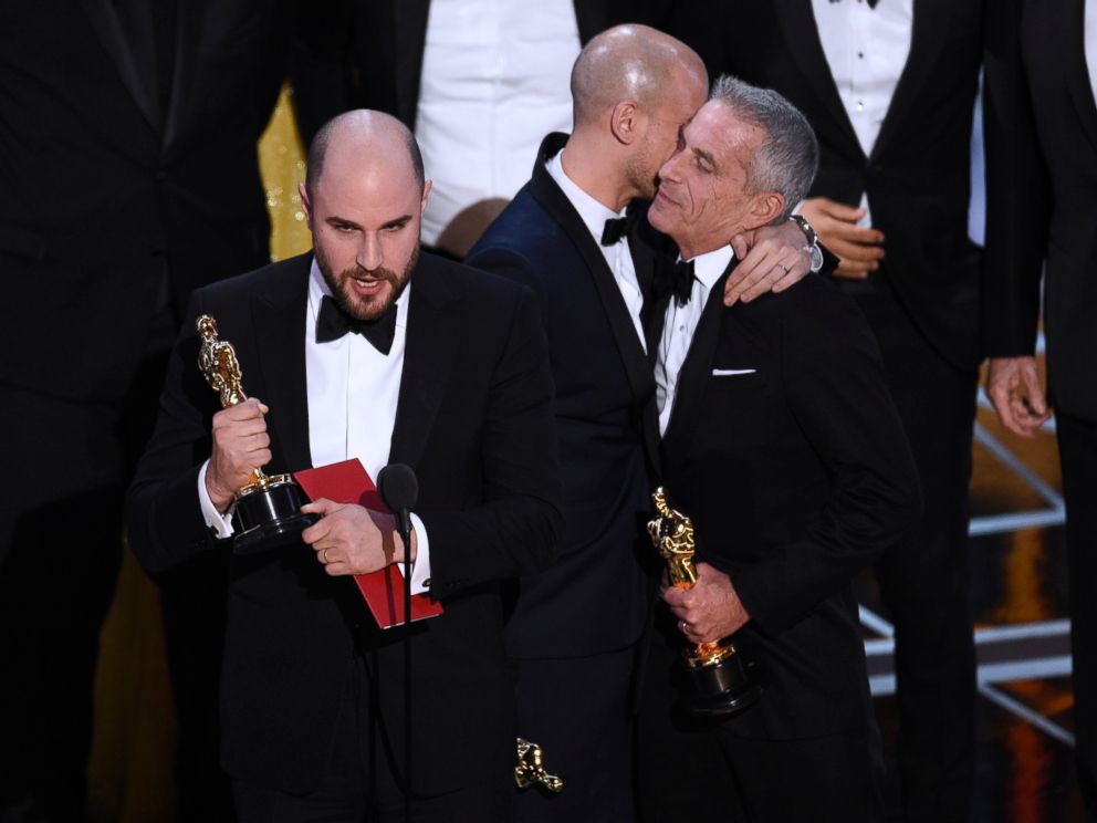 PHOTO: Jordan Horowitz, left, of La La Land, mistakenly accepts the award for best picture at the Oscars on Sunday, Feb. 26, 2017, in Los Angeles.