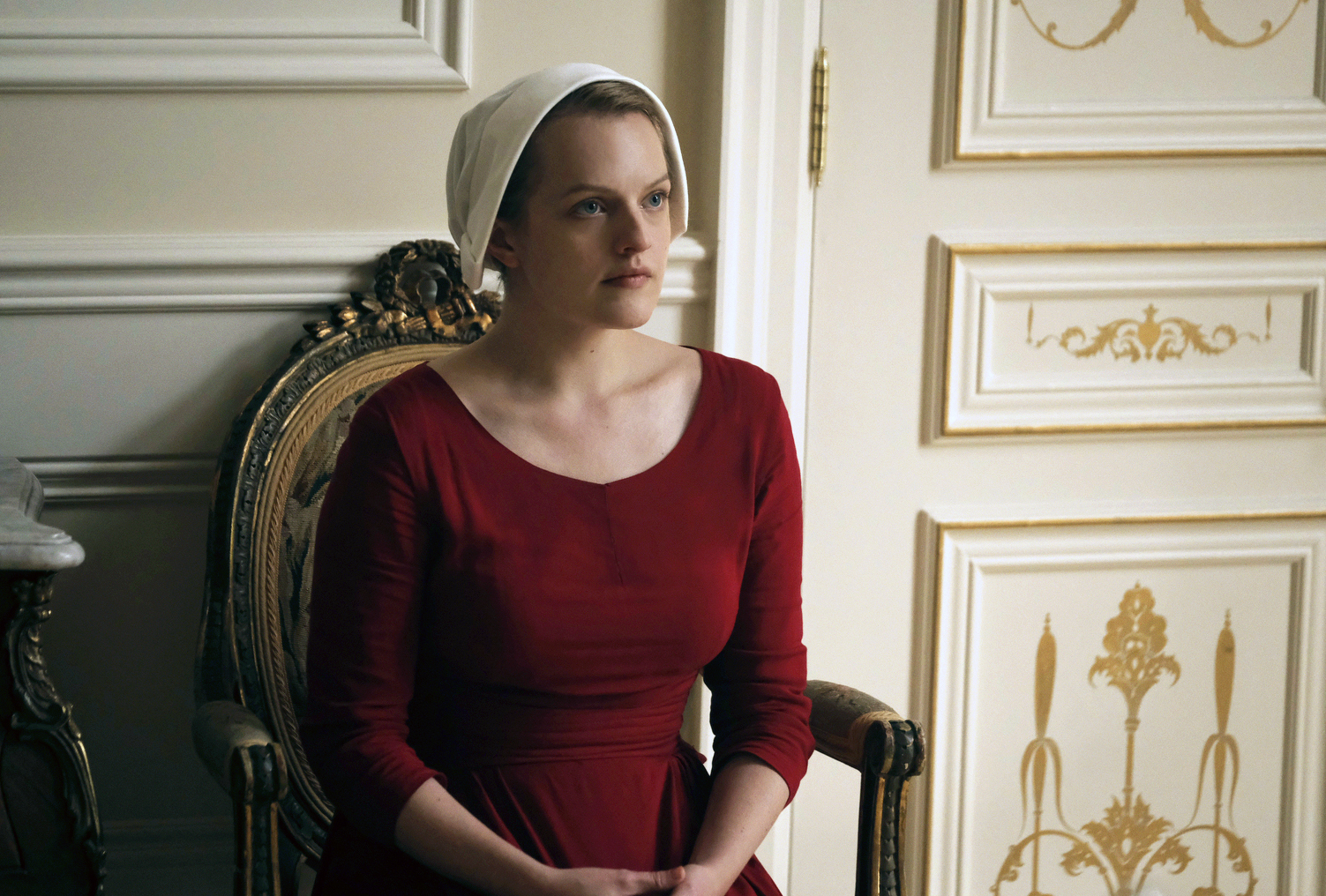 PHOTO: This image released by Hulu shows Elisabeth Moss as Offred in a scene from, "The Handmaid's Tale," premiering Wednesday on Hulu with three episodes. The remaining seven hours will be released each Wednesday thereafter.