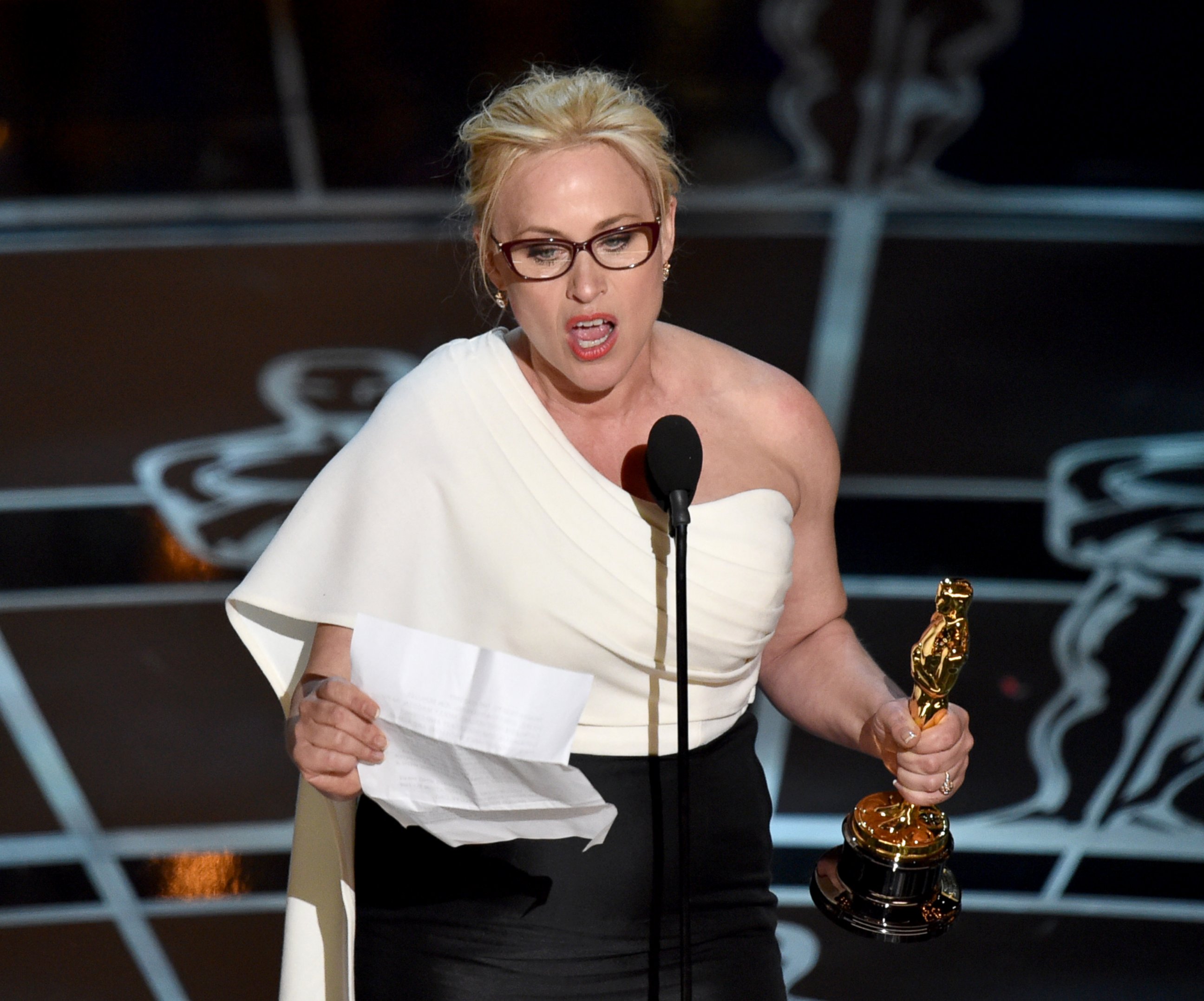 PHOTO: Patricia Arquette argued for wage equality as she accepted her best supporting actress award for "Boyhood" at the Oscars on, Feb. 22, 2015.