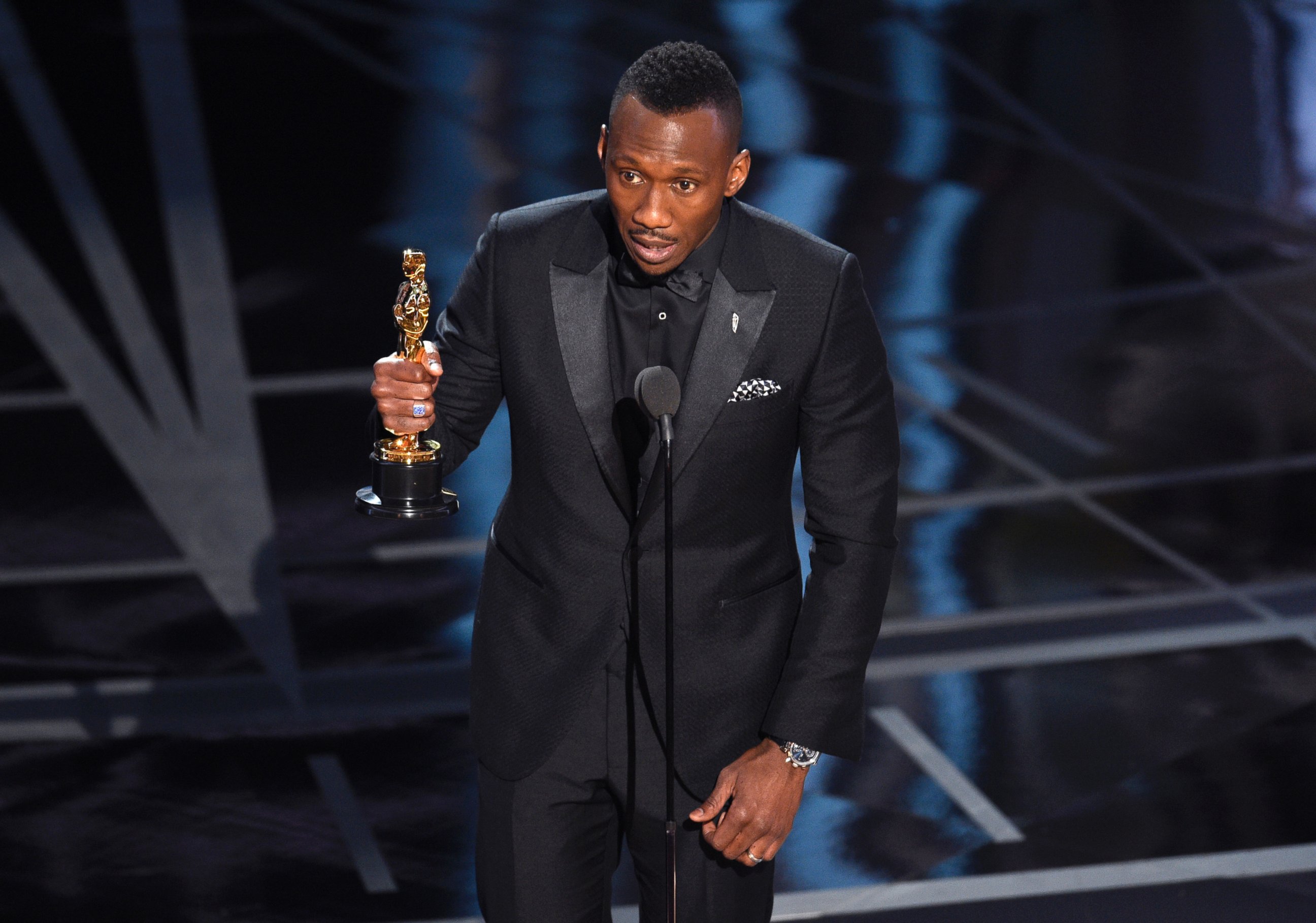 PHOTO: Mahershala Ali accepts the award for best actor in a supporting role for "Moonlight" at the Oscars, Feb. 26, 2017, in Hollywood, Calif. 