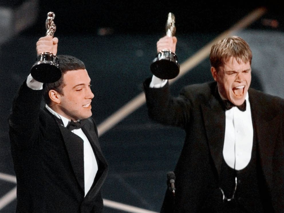 PHOTO: Ben Affleck and Matt Damon, right, react to winning the Oscar for Best Original Screenplay for "Good Will Hunting"  at the 70th Academy Awards in Los Angeles on March 23, 1998.
