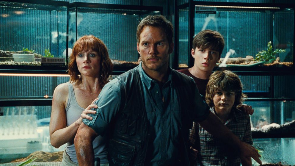 PHOTO: Bryce Dallas Howard, Chris Pratt, Nick Robinson and Ty Simpkins are seen in a scene from the film, "Jurassic World."