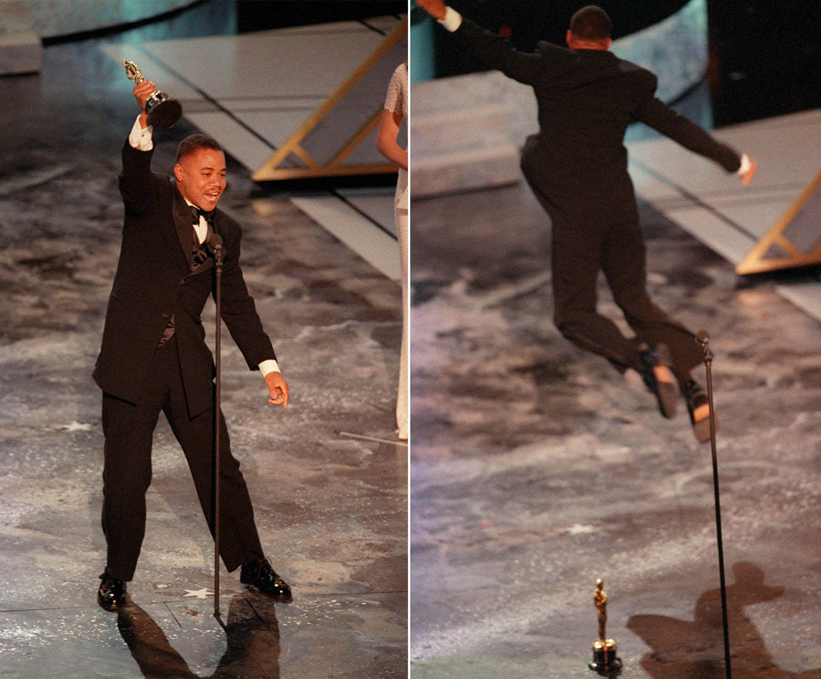 PHOTO: Cuba Gooding Jr. reacts and jumps on the stage at the Oscars in Los Angeles, on March 24, 1997. Gooding won best performance by a supporting actor for his role in "Jerry Maguire." 