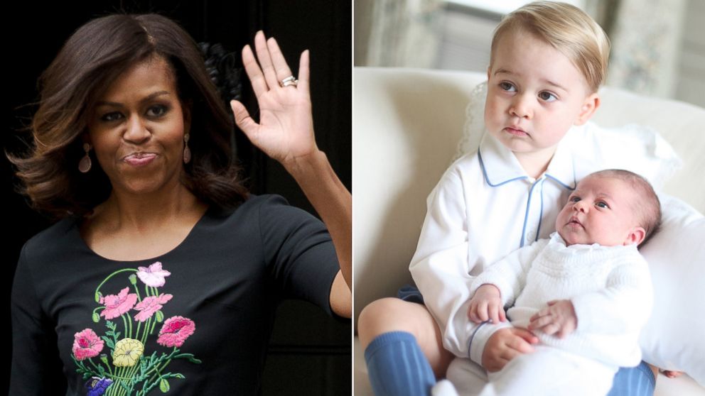 First Lady Michelle Obama leaves 10 Downing Street in London, June 16, 2015 and Princess Charlotte is held by her brother, Prince George in a photo released by Kensington Palace on June 6, 2015.