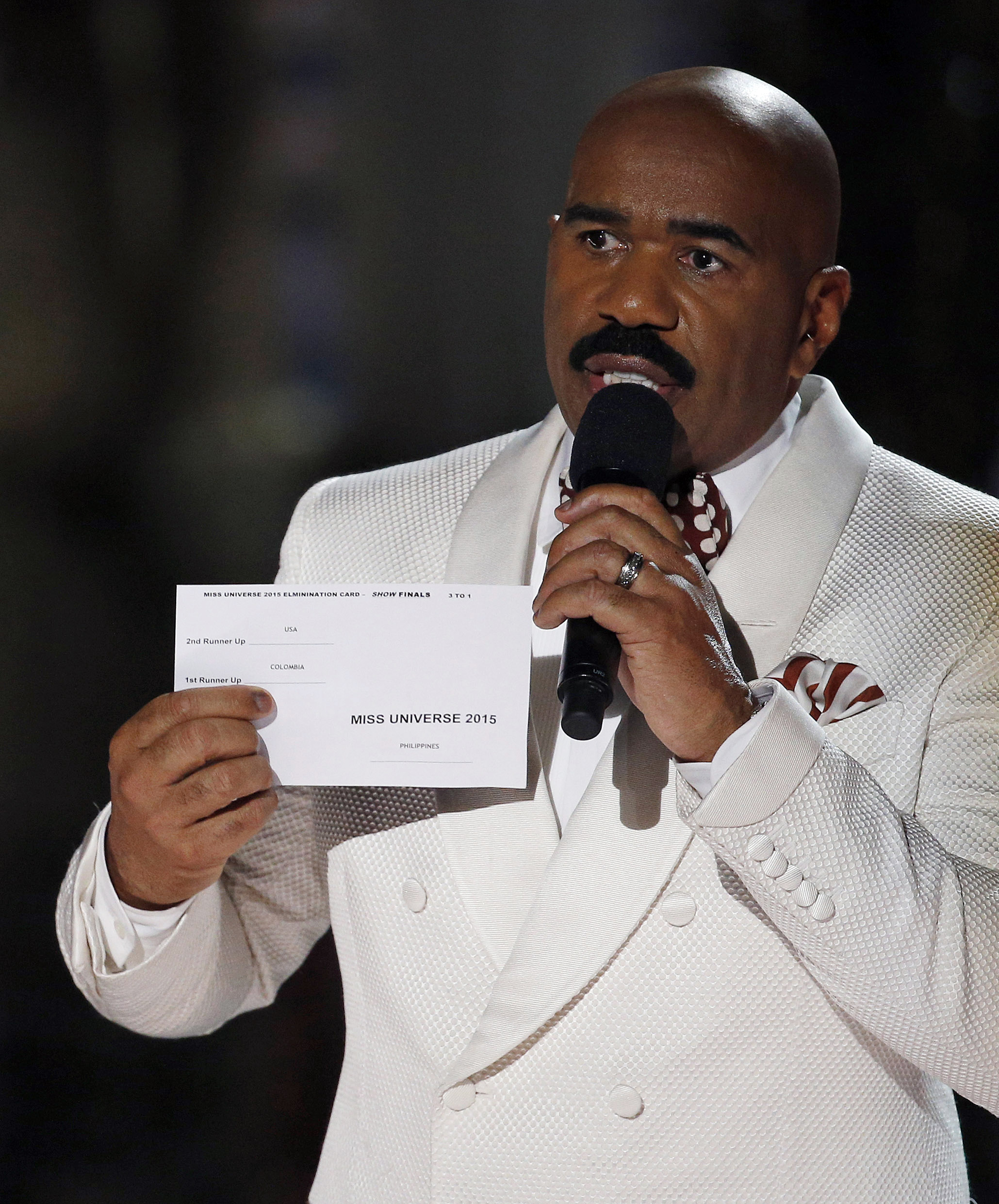 PHOTO: Steve Harvey holds up the card showing the winners after he incorrectly announced Miss Colombia Ariadna Gutierrez as the winner at the Miss Universe pageant on Sunday, Dec. 20, 2015, in Las Vegas.