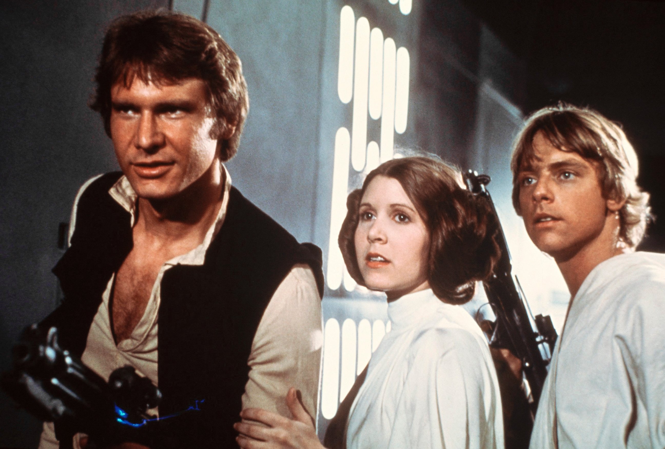 PHOTO: Harrison Ford, as Han Solo, Carrie Fisher, as Princess Leia, and Mark Hamill, as Luke Skywalker in a scene from the 1977 movie, "Star Wars IV: A New Hope."