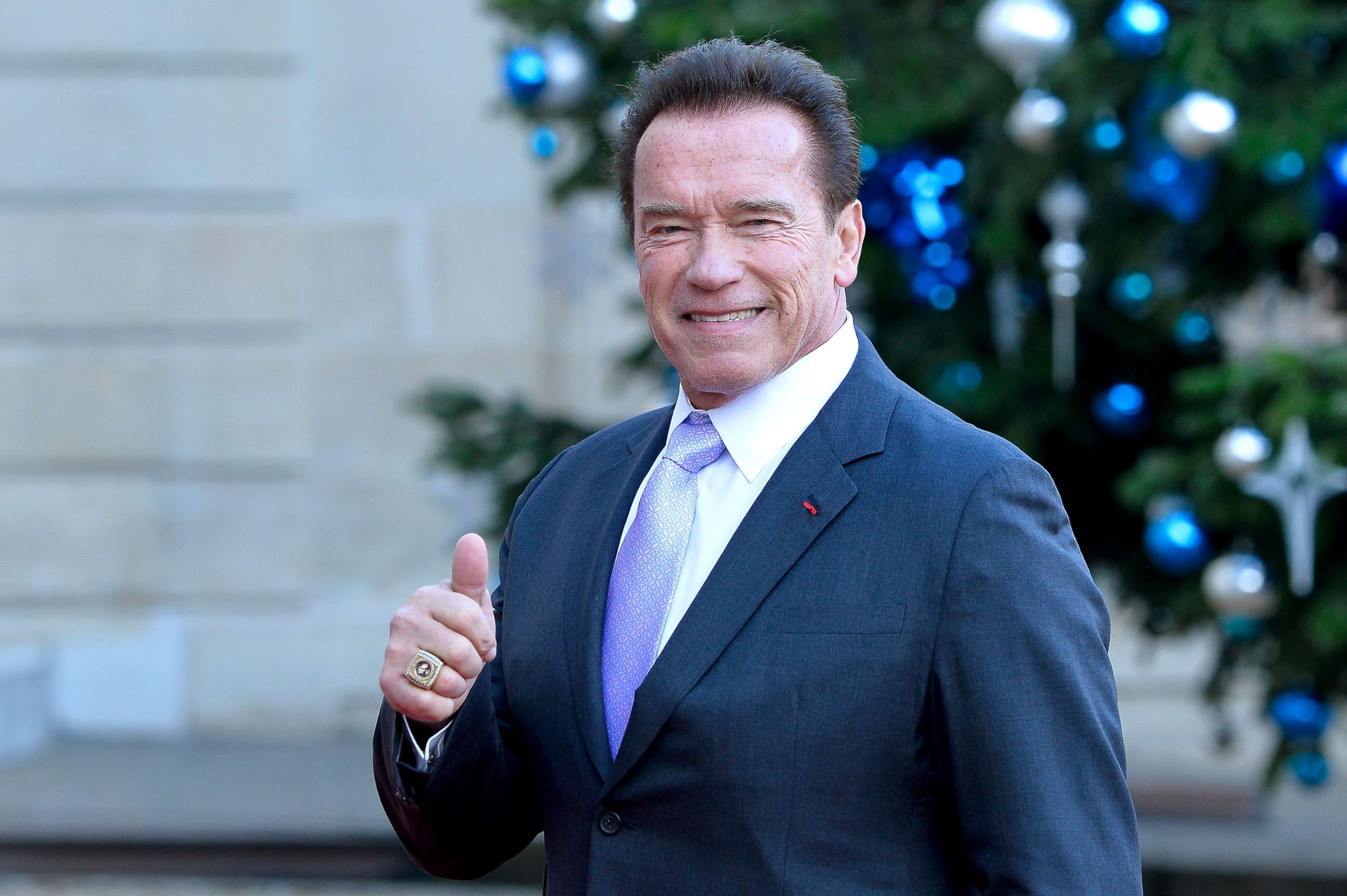 PHOTO: Arnold Schwarzenegger arrives for a meeting with French President Emmanuel Macron at the Elysee Palace, Dec. 12, 2017, in Paris.