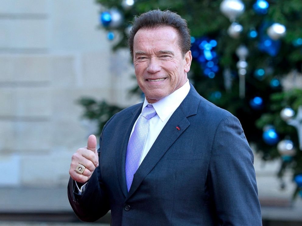 PHOTO: Arnold Schwarzenegger arrives for a meeting with French President Emmanuel Macron at the Elysee Palace, Dec. 12, 2017, in Paris.