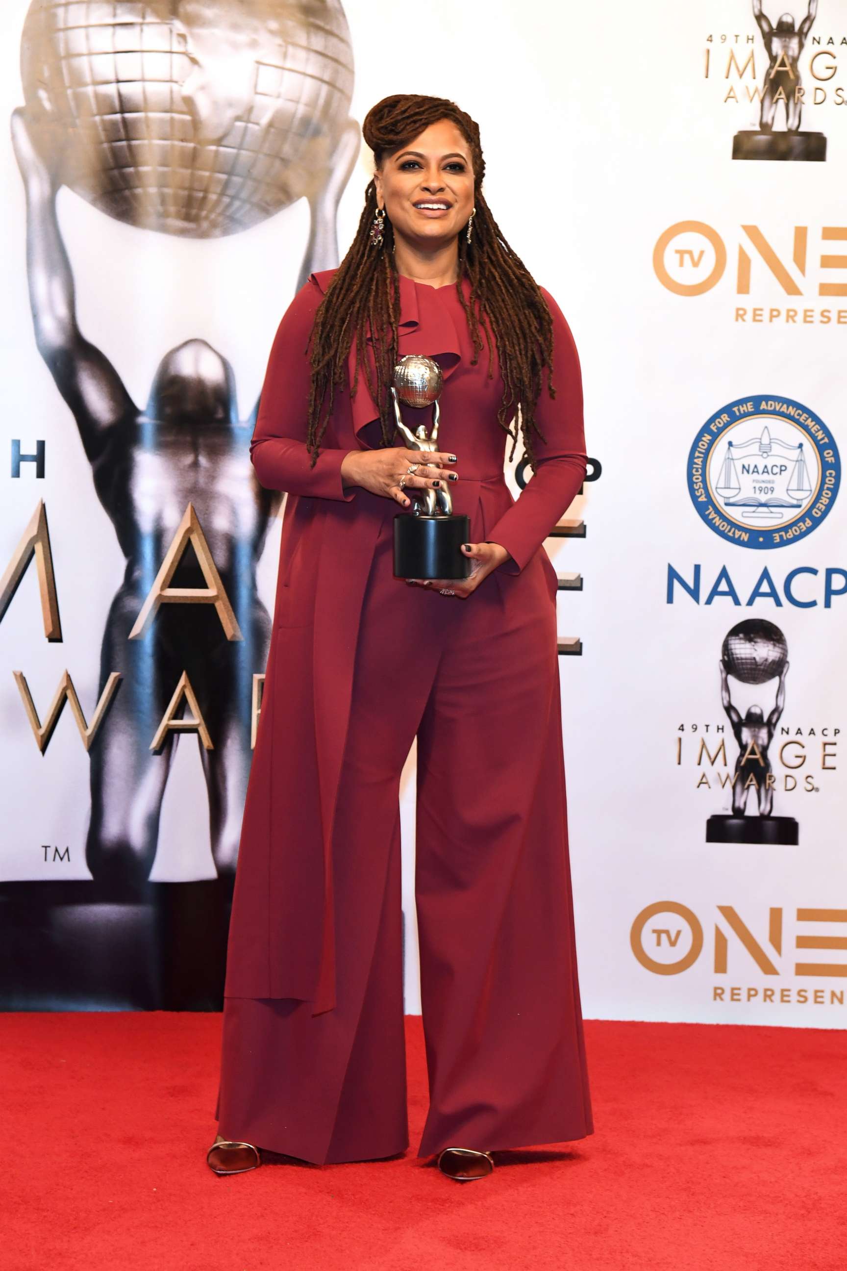 PHOTO: Ava DuVernay, winner of Entertainer of the Year, poses in the press room for the 49th NAACP Image Awards at Pasadena Civic Auditorium, Jan. 15, 2018, in Pasadena, Calif.