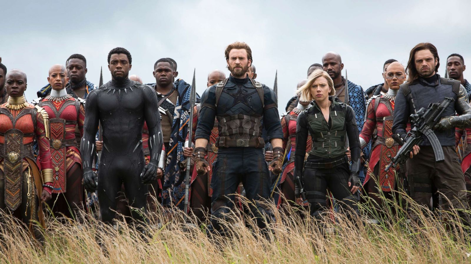 PHOTO: Danai Gurira, as Okoye, Chadwick Boseman, as Black Panther, Chris Evans, as Captain America, Scarlett Johansson, as Black Widow, and Sebastian Stan, as White Wolf, in a scene from "Avengers: Infinity War."