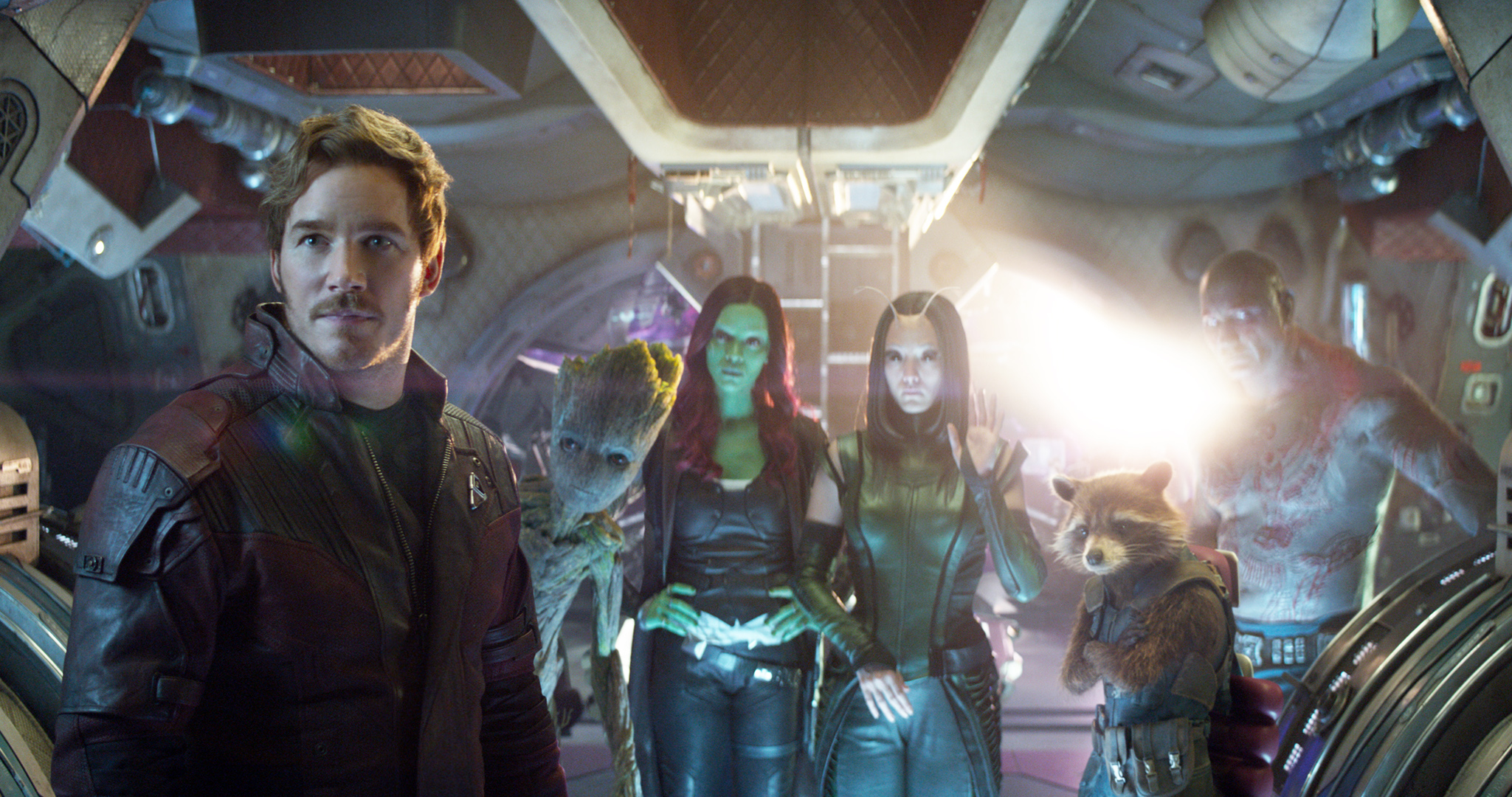 PHOTO: Chris Pratt, Vin Diesel, Zoe Saldana, Pom Klementieff, Bradley Cooper and Dave Bautista appear in Marvel Studios', "Avengers: Infinity War."