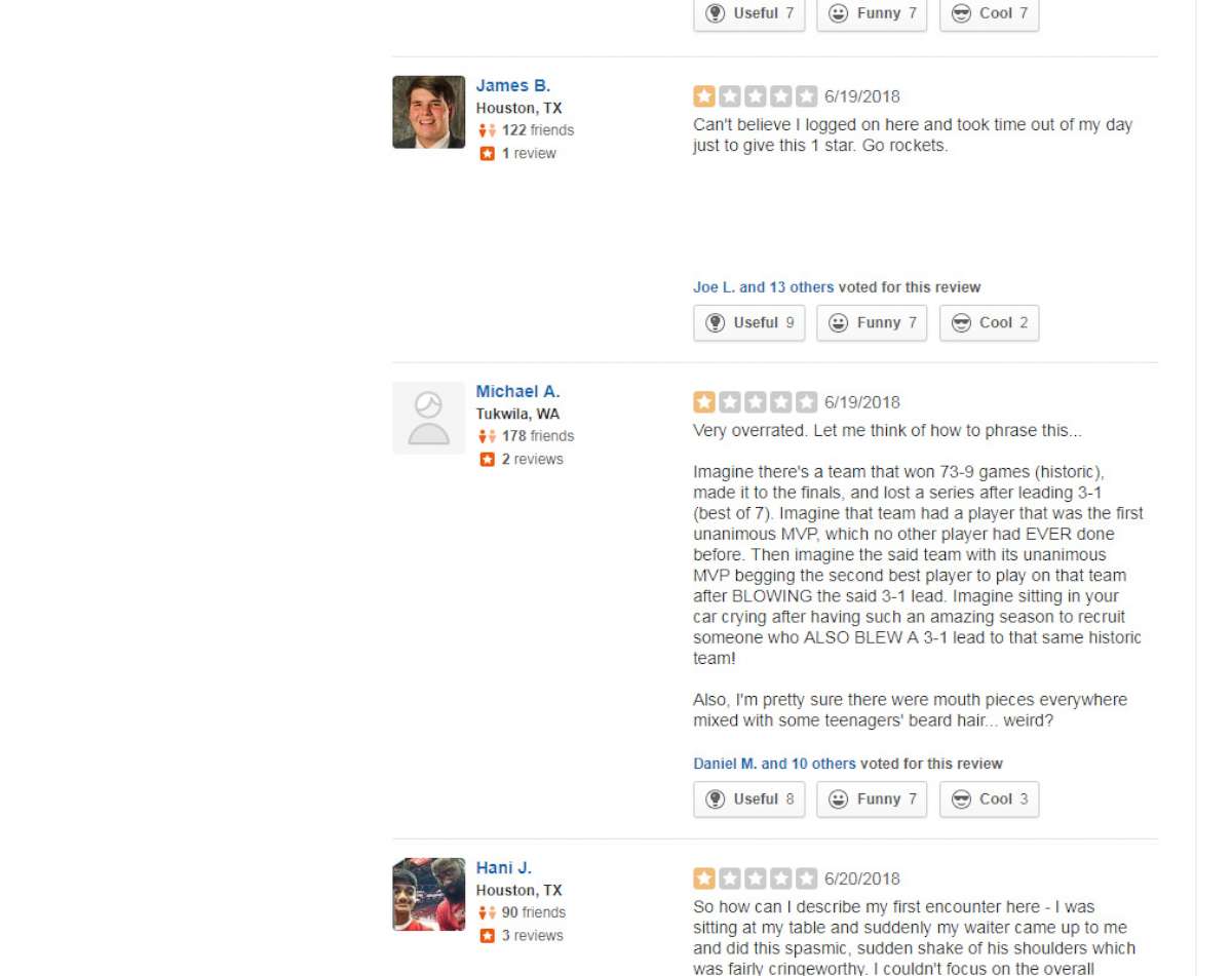 PHOTO: Comments left on the Yelp review for Ayesha Curry's restaurant in Houston, Texas.